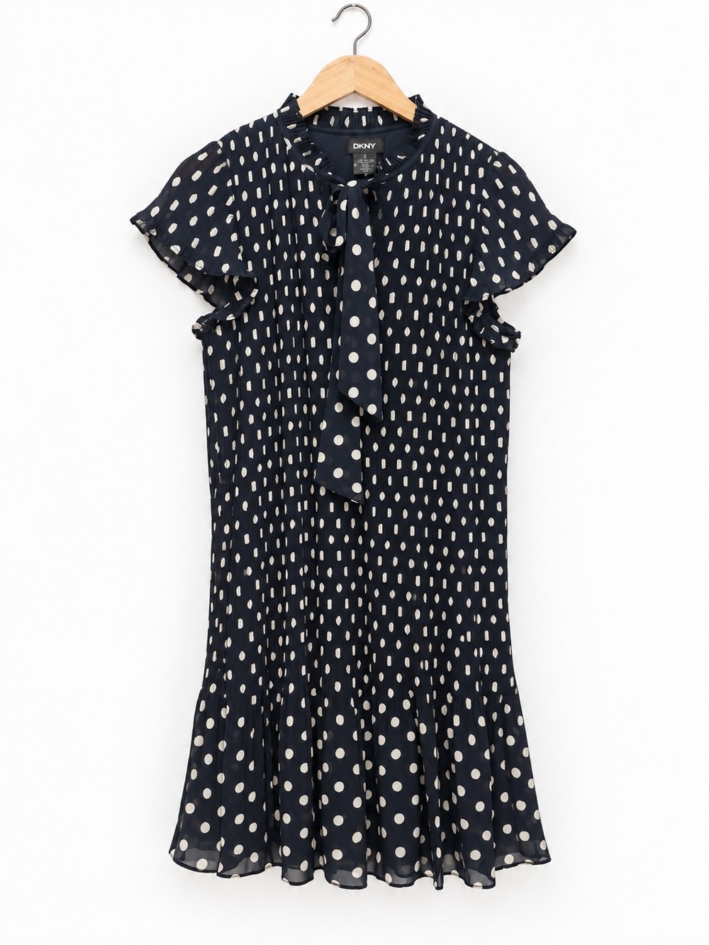 DKNY Navy and White Polka Dot Midi Dress with Tie Neck